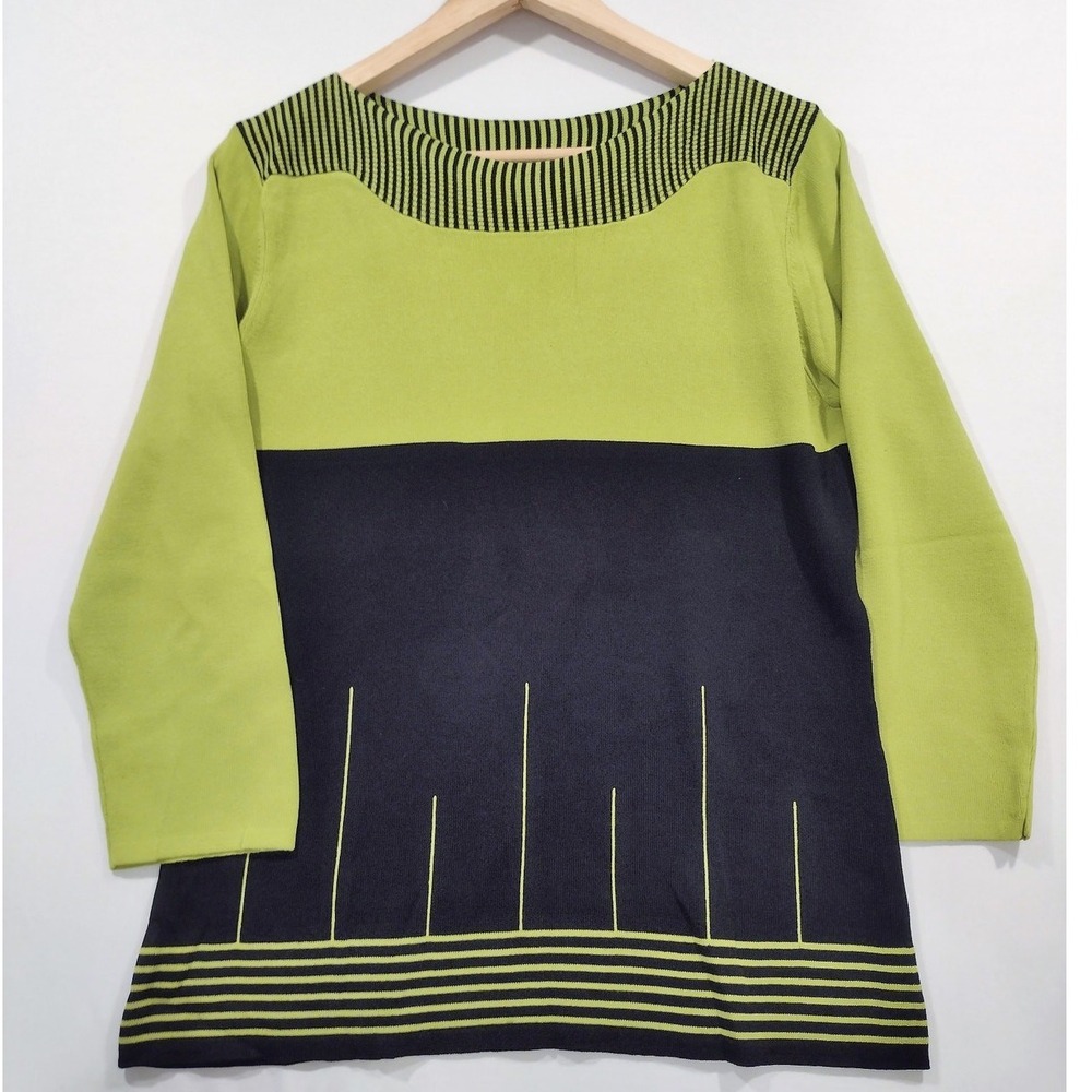 NY Collection Lime Green and Black Striped Color‎ Block Womens Sweater Size L
